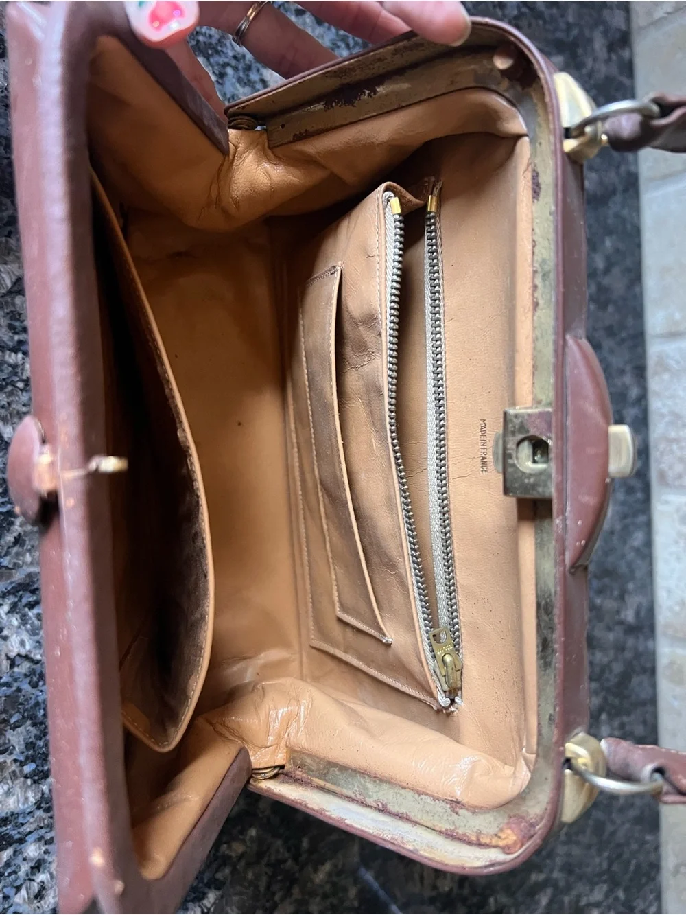 Vintage French Brown Leather| Made in France Top Handle Handbag | 1950s 1960s